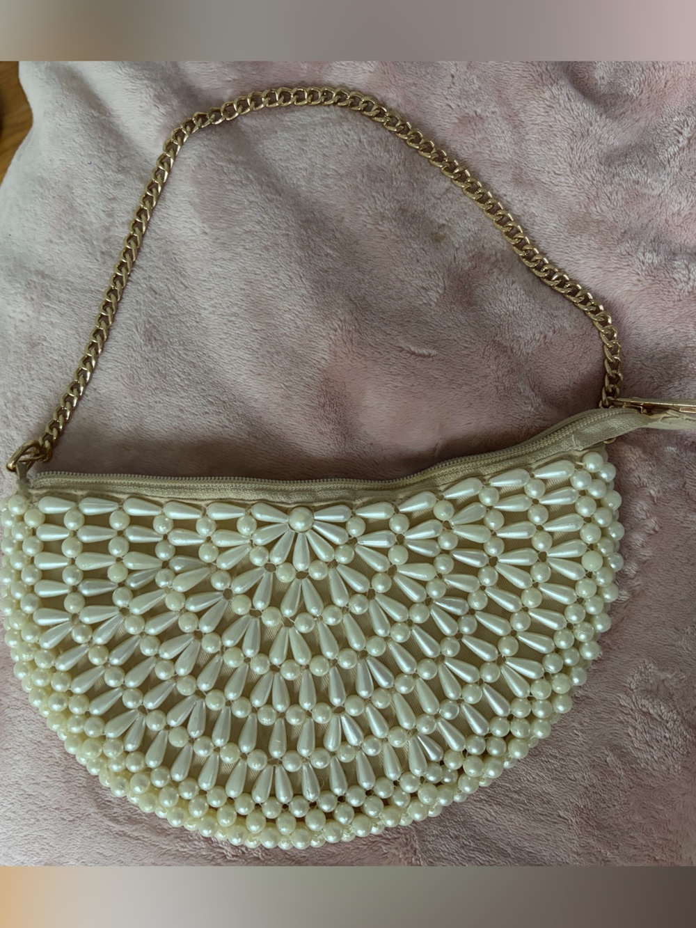 Cream Pearl Beaded Half-Moon Shoulder Bag with Gold Chain